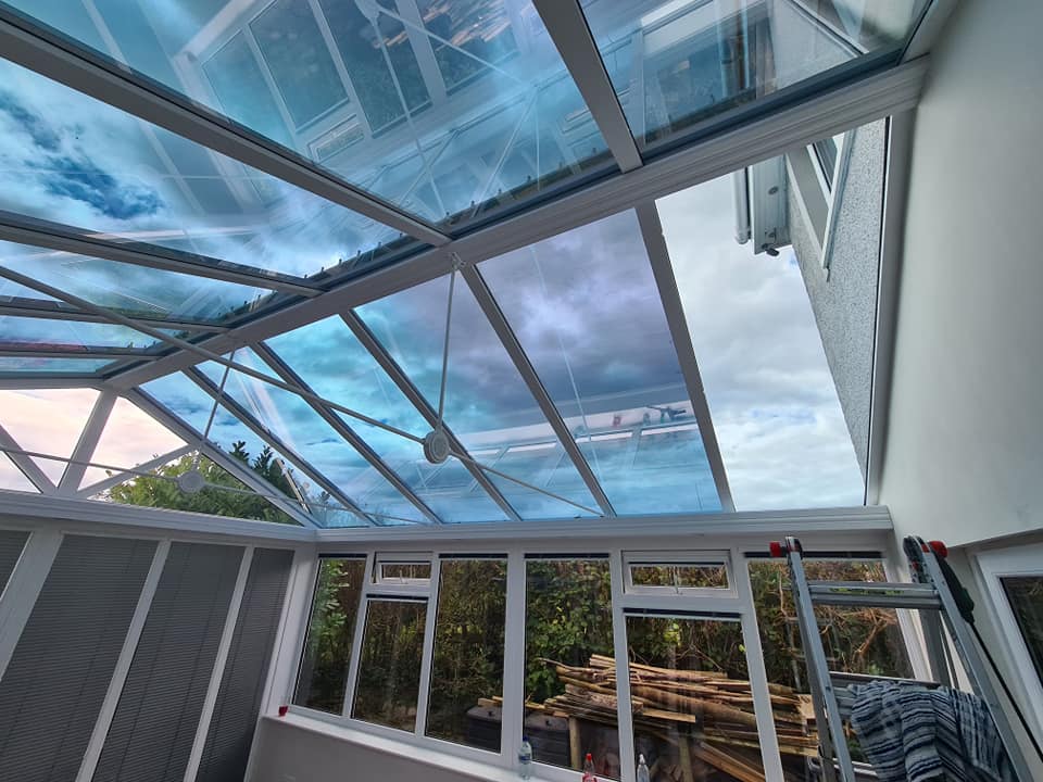 1. Silver 20 Low E solarfilm installed to all roof glazing reducing heat, glare, uv and retains heat during winter months in Cumbria