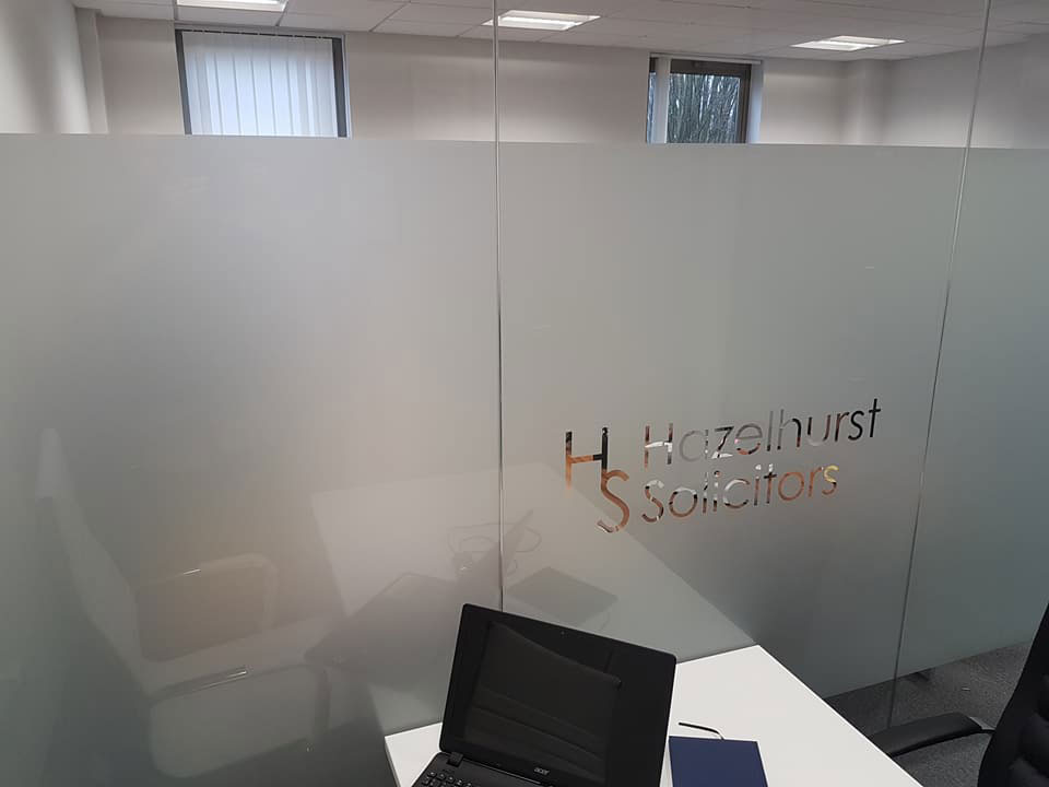 Privacy for office, etch Band with logo cut into 1 pane Hazelhurst Solicitors - Manchester 