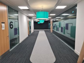 2. Removed existing privacy manifestation band and replaced with new digital printed manifestation at NCFE Quarum Park in Newcastle upon Tyne